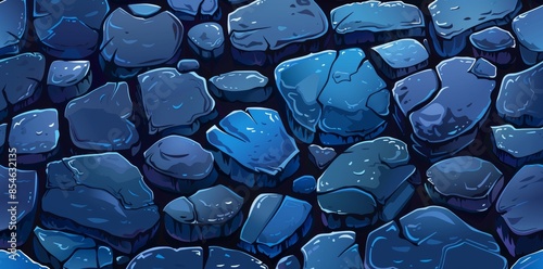 Cobblestone wall modern illustration in blue with seamless background.