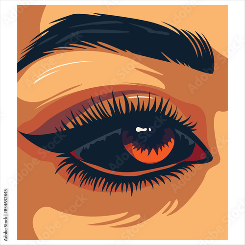 Human eye and eyebrow vector illustration. Demonic girl eye with long eyelashes, eyelid and reflection, model for beauty industry, Halloween, horror. Isolated, vector image