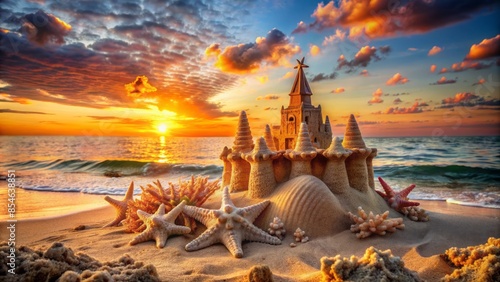 Vibrant orange sunset illuminates a majestic sandcastle on a serene ocean beach, adorned with seashells and coral, against a tranquil blue sky background.