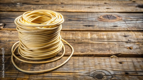 Aged, pale yellow electrical wire neatly coiled on a worn wooden surface with ample copy space to the right, evoking nostalgia and retro charm.