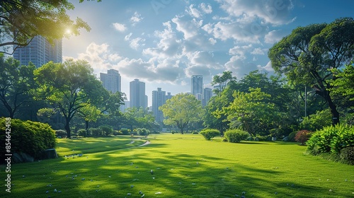 A park with a city in the background