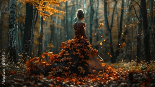 A woman with a dress made of autumn leaves