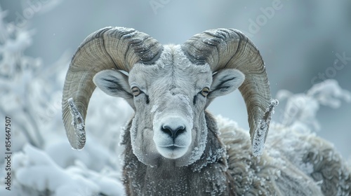 Winter portrait of a zoo dwelling mountain sheep