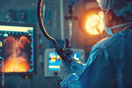 In the image, a medical professional is carrying out a gastroscopy using an endoscope and imaging tools to diagnose and treat a patients condition