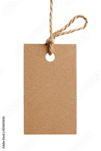 Blank brown paper tag with twine, isolated on a white background. Perfect for adding your own text.