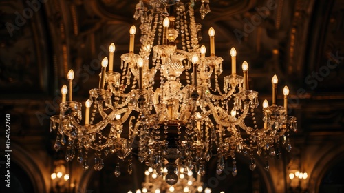 Crystal chandelier in dim room centered vertically