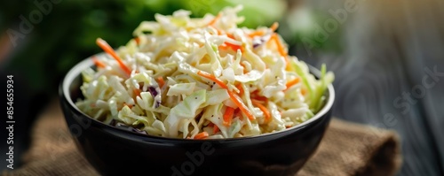 Fresh homemade coleslaw in a black bowl on a rustic table. Crisp cabbage, carrots, and creamy dressing create a delicious side dish.