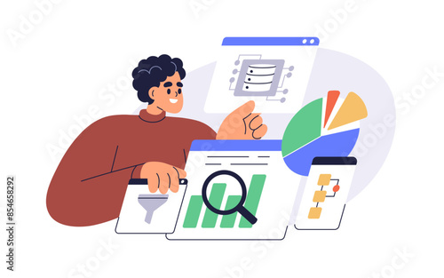 Big data analysis concept. Analyst working with database, analytics, analyzing statistics, graphs and charts for report. Business review. Flat vector illustration isolated on white background
