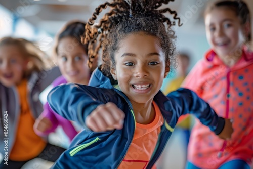 Close up pic of diverse kids in sports attire dancing in brightly lit indoor space. One girl in blue jacket and orange shirt smiling in foreground