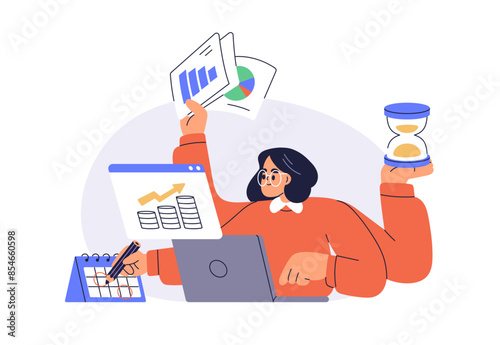 Multitasking, time management, productivity concept. Busy business woman, project manager at work. Efficient employee planning deadlines, tasks. Flat vector illustration isolated on white background