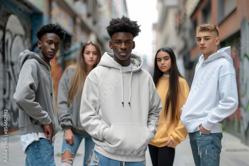 A group of four young adults, diverse in ethnicity and style, stand in an urban alleyway, each wearing a plain hoodie