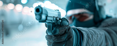 Close-up of a person aiming a handgun in a winter setting, wearing gloves, goggles, and a mask, emphasizing safety and precision.