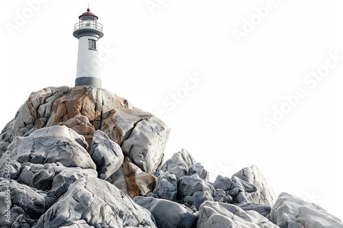 A scene with a lighthouse on a rocky outcrop again lighthouse, coast, ocean, beach, water, nature, garbage, metal, rock, sky, landscape, plastic, pollution, blue, light, coal, trash, recycling, dirty,