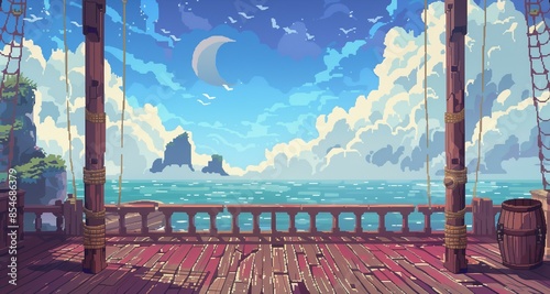 A pirate ship deck with wooden planks, a crow's nest, and a distant island , pixel art, game assets