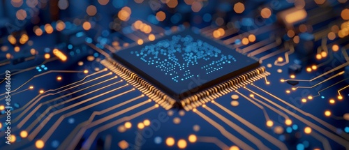 Detailed image of a microprocessor on a dark blue circuit board with intricate golden traces and components, emphasizing modern electronics