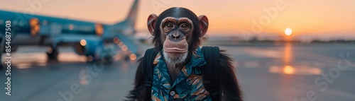 A chimp dressed in a tropical shirt with a backpack, preparing for a journey at an airport with a plane in the background, creating a whimsical travel scene