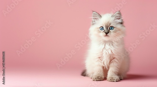 A cute Himalayan kitten sitting on a solid color background with space above for text