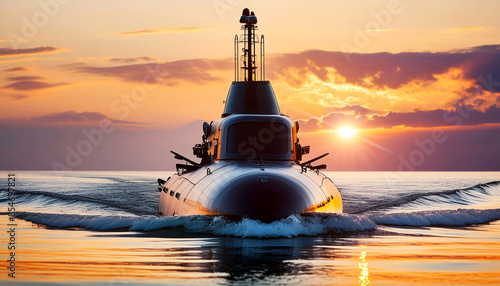 Front View of a black nuclear military submarine sailing in the open sea semi-submerged in ocean waters at sunset or sunrise. Generative Ai.