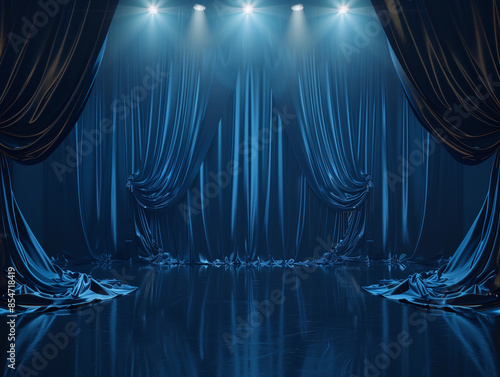 Chic stage show dark navy blue purple drapes backdrop royal party photobooth empty theatre fabric draping background theatrical grand Victorian Edwardian Elizabethan regal spotlight Hollywood mock up