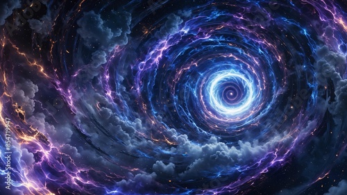 Majestic portal in the cosmos, swirling with a mystic flow and magical sparks. Dramatic rotation and power emanate from this futuristic gateway, evoking a universe of infinite mystery and science.