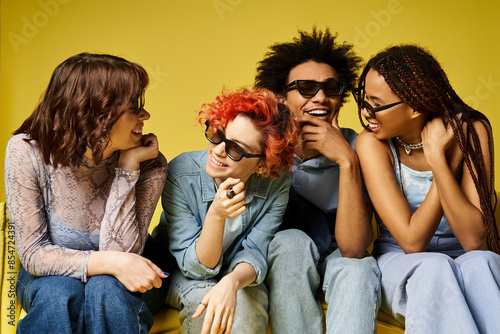 A group of young multicultural friends, including a nonbinary person, sitting closely together in stylish attire in a studio setting.