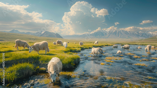 beautiful landscape of Xinjiang Altay, China, with farm, grassland, snow mountain, sheeps and flowers
