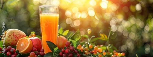 freshly squeezed multivitamin juice on the background of the garden. Selective focus