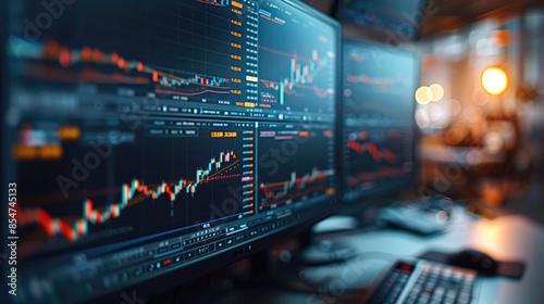 A close-up monitors which reflect stock market data at the current moment and analyze stock market data. They depict charts, graphs of stock. Generative AI.