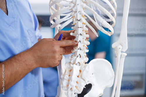 Physiotherapist diagnoses mechanical issues and explains discomfort by pointing at backbones of a human skeleton. Medic displaying the osteopathy system and spinal cord in close-up.