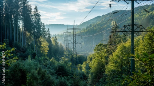 Power lines stretch through a lush, forested valley against a backdrop of tall trees and a hazy sky, blending nature with human infrastructure.