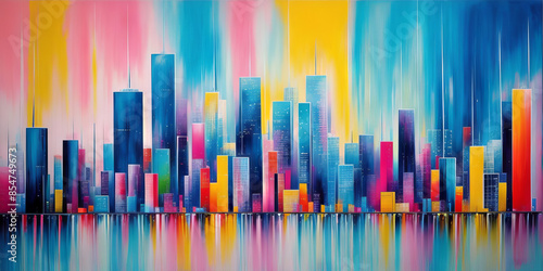 Banner dreamy colorful and abstract expressionism painting of city scape street with reflective. Generated by AI