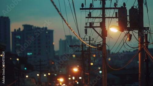 A shot of power lines and a utility pole in a cityscape at dusk. The lines are silhouetted against a light blue sky, with a few streetlights glowing in the distance.
