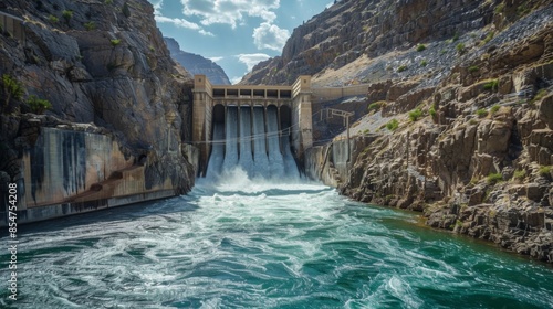 A hydroelectric dam in a canyon releases water, creating a powerful flow of water through the narrow channel.