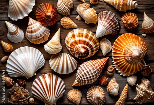 beautiful seashell collection showcased rustic wooden table, displayed, natural, interior, decoration, beach, ocean, marine, exotic, variety, colorful