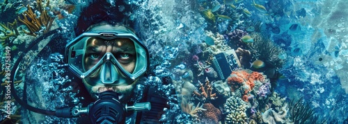 Scuba diver exploring an underwater world full of vibrant coral and marine life.