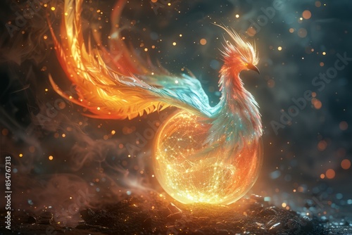 A magnificent phoenix with fiery plumage rises from the ashes, symbolizing rebirth and immortality in a display of radiant beauty.