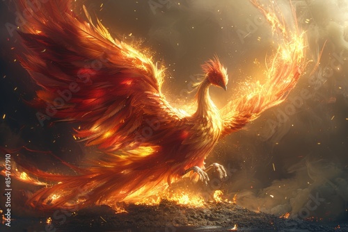 A majestic phoenix with vibrant, fiery wings rises from the ashes, symbolizing rebirth and immortality in a display of radiant beauty.