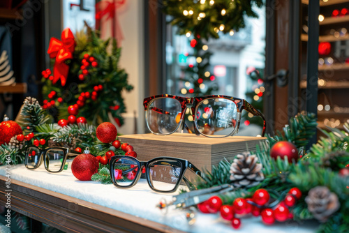 Eyeglasses displayed in an optic store decorated for christmas holidays, with christmas trees, lights, and ornaments