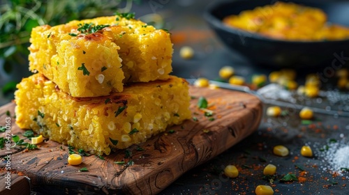 Appetizing Paraguayan chipa guasu, a traditional corn cake similar to cornbread, presented on a rustic wooden board. Savory South American delicacy showcases the rich, homestyle of Paraguayan cuisine.