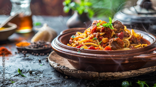 Libyan mbakbaka, a traditional pasta dish cooked in a tagine with a spicy tomato sauce and meat. This ethnic comfort food showcases the bold flavors and cooking traditions of Libyan cuisine