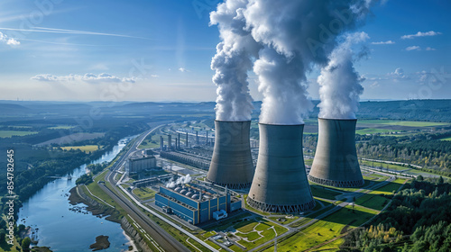 Aerial view of a nuclear power plant with cooling towers emitting steam.