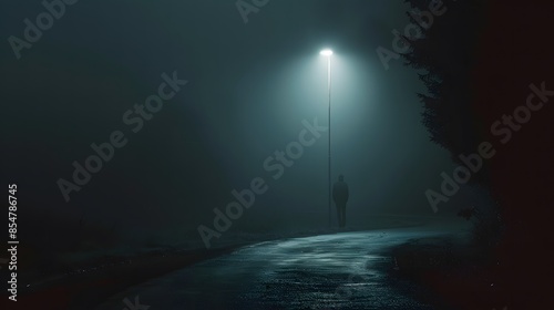 mysterious Night Scene with Man in Foggy Road