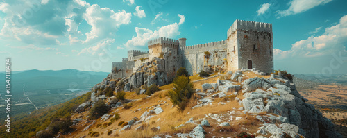 A majestic castle perched on a hilltop, its stone walls weathered by time and its history etched in its stones.