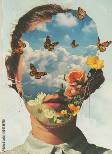 A collage art piece merging a woman's profile, butterflies, and sky imagery for a surreal, dreamlike effect