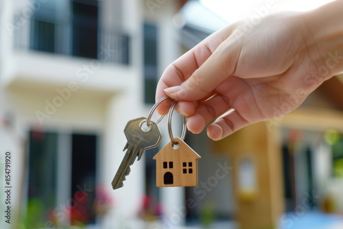 Hand holding keys with house shaped keychain in front of a blurred background representing a new home