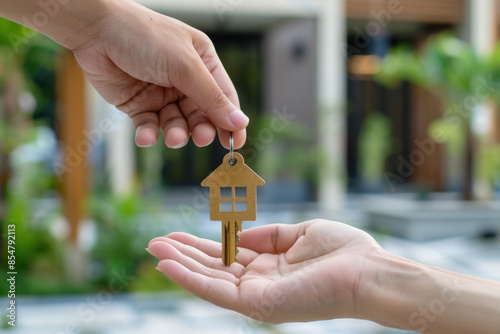 Real estate agent holding house keys on house shaped keychain, giving it to a client on blurred background