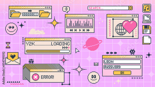 Retro Y2K computer window page and interface screen in pixel, art, vector, background. 8 bit retro and 90s Y2K computer display windows of internet browser tabs with loading bar and error message box