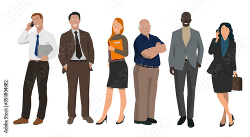 illustration représentant une équipe au travail, des personnages de races différentes, d'âges différents, hommes ou femmes d'affaires, employés dans des entreprises, patrons et businessman 