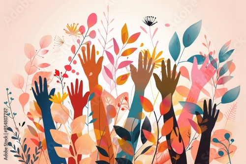 Diverse Hands and Floral Elements - Abstract Illustration of Unity, Diversity, Nature