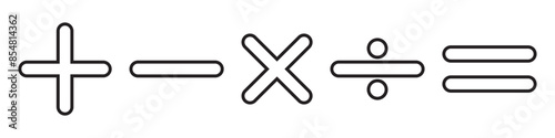 Mathematical and calculation Plus, minus, multiply, divide and equal sign icon design set. Addition, subtraction, multiplication, division, equal sign, icon symbol with stroke line. 